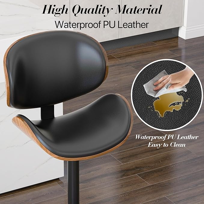 Adjustable Swivel Bar Stools Set of 3, Modern Bentwood Barstool with Large Metal Base and Footrest, PU Leather Upholstered Bar Chair with Curved Back for Kitchen Island Dining Room, Black