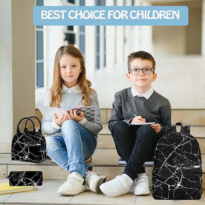 3PCS Marble Backpack Set for Teens Elementary Middle High School, 17 Inch Lightweight Classic Backpack 3 in 1 Set for Girls Boys, Kids Back to School Backpack with Lunch Box Pencil Case