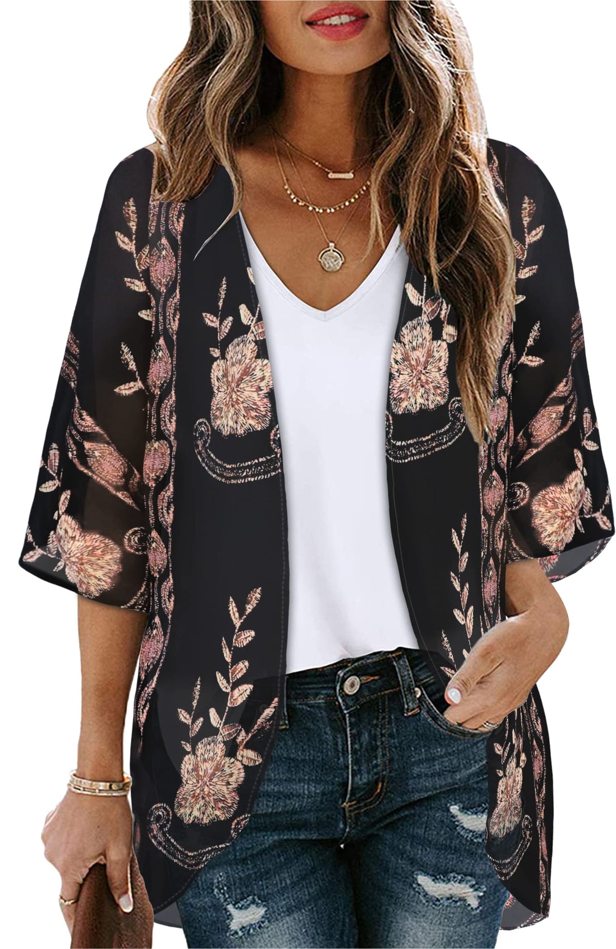 Kimono Cardigans Floral Womens Tops Dressy Casual Spring Cover ups Chiffon Open Front Shirts (BlackLace,L)