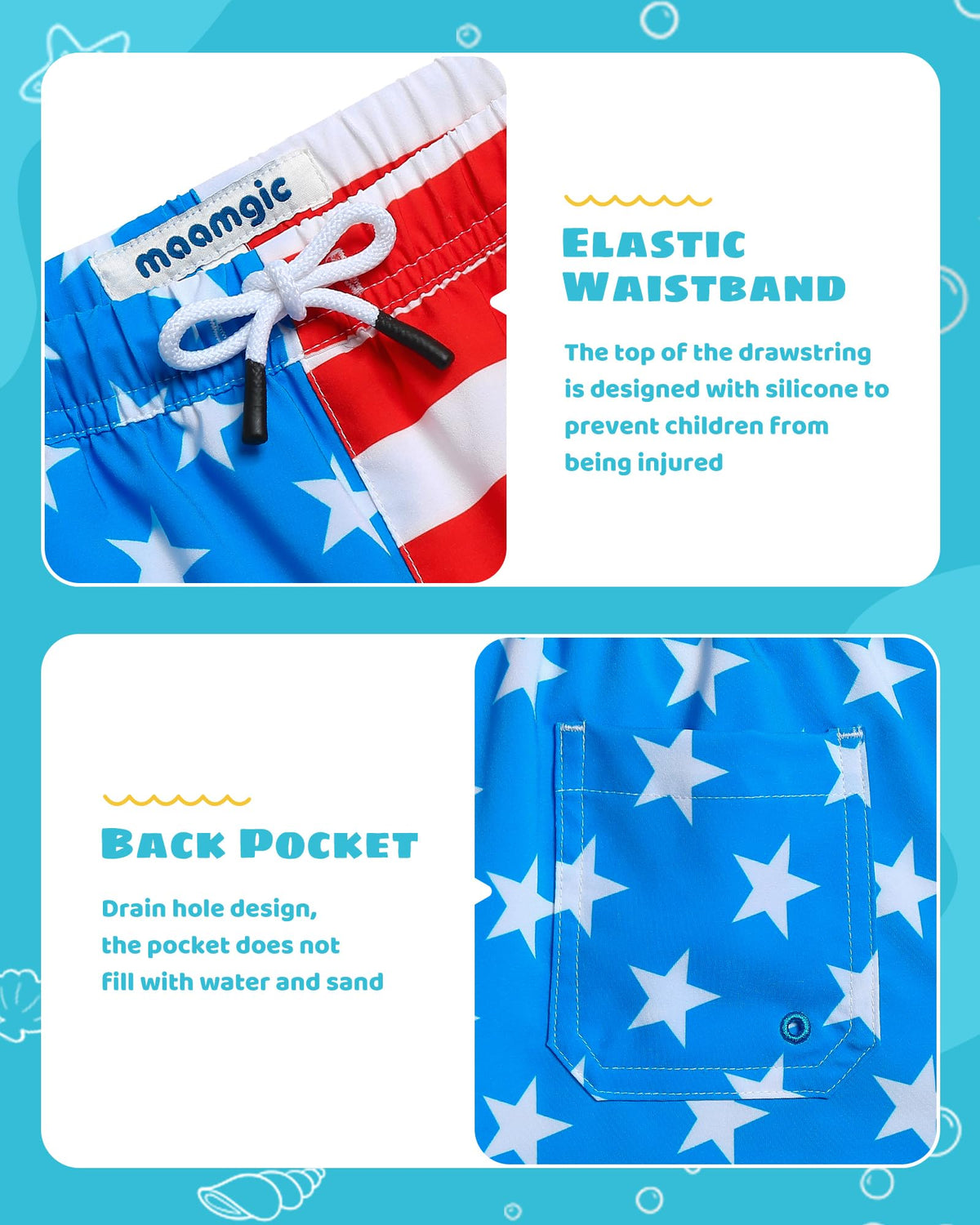 maamgic Boys Swim Trunks with Compression Liner Toddler Stretch Swim Shorts Quick Dry Swimming Trunks Boxer Brief 2 in 1 Beach Shorts American Flag 3T