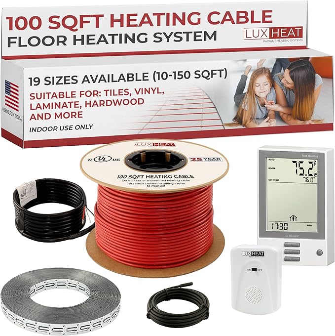 100sqft Floor Heating Cable Kit - 120v Infloor Heating System - Heated Flooring System Includes UDG Programmable Thermostat w/GFCI, Floor Heat Cable, Strapping, Flooring Sensor & Alarm