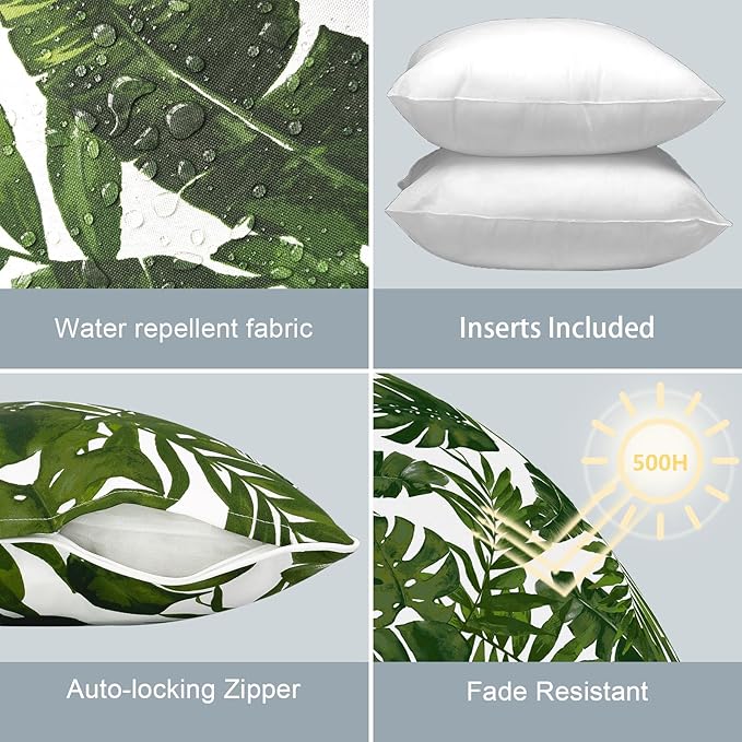 LVTXIII Set of 2 Patio Throw Pillows Waterproof 20"x20" Fade Resistant Outdoor Throw Pillows with Inserts, Fluffy Decorative Garden Toss Pillow Cushions for Home Patio Coach Sofa Use, Palms Green
