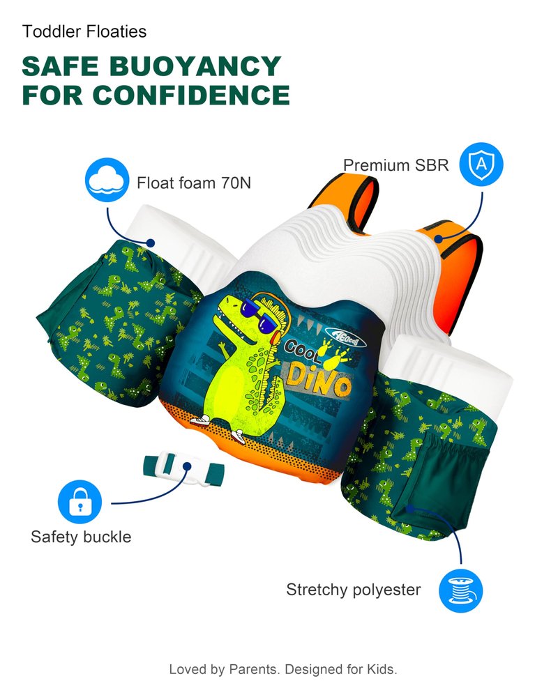 AEOCOO Puddle Float Jumper 20-30 Pounds, Toddler Swim Vest for 1-2-3 Years Old, Pool Floats with Swimming Arm Floaties Swim Jacket with Water Wings for Kids Swimmies, Boys, Girls, Niños, Cool-Dino