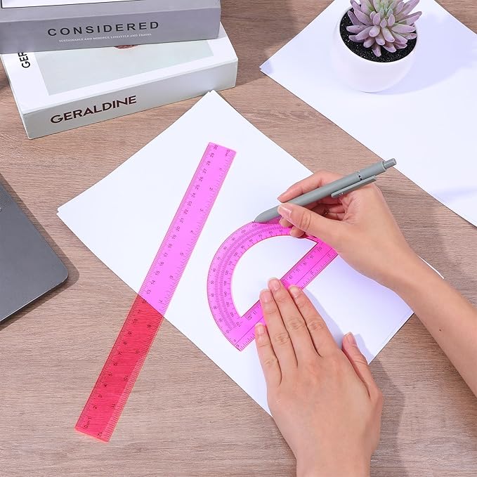 2 Pack Ruler Pink 12 Inch and 6 Inch Transparent Pink Plastic Ruler and Protractor Set Plastic Protractor Set Clear Math Drafting Geometry Sets for Home Office Drawing Architect Engineer
