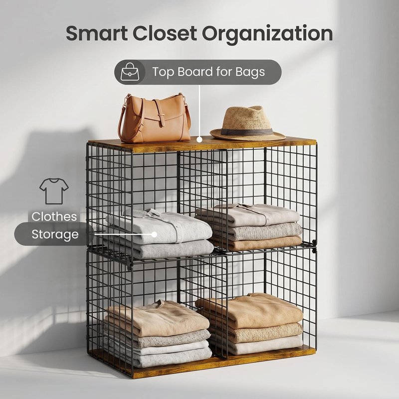 Free-standing Sturdy Tall 6-Cube Closet Organizer Storage Wire Basket Shelf with Wood Top for Wardrobe Bedroom Closet, Stackable Space-saving Clothing Shelves for Clothes, Sweaters, Pants, Handbags