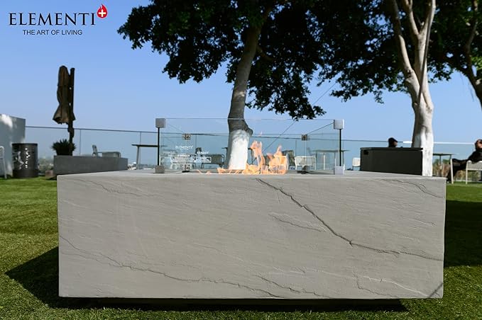 Elementi+ | Capertee Gas Fire Pit Cast Concrete 40" Square Fire Table, Outdoor Fire Pit Electronic Ignition | Canvas Cover, Fire Glass and Burner Lid Included | Light Gray | Natural Gas
