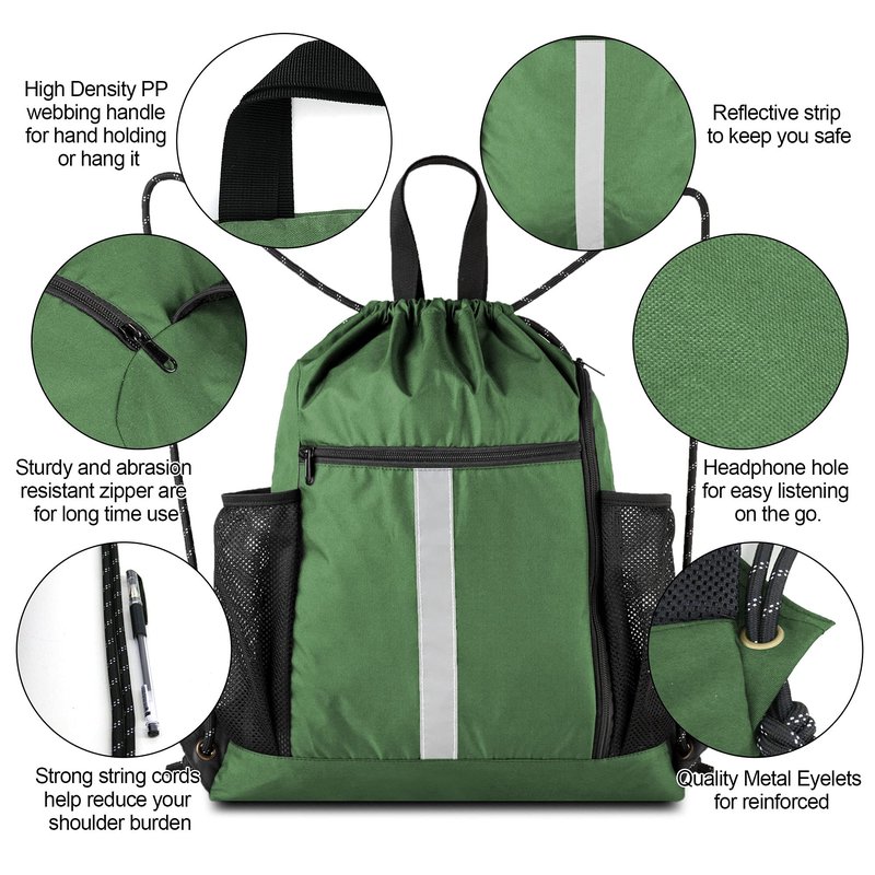 BeeGreen Green Drawstring Bag Gym Cinch Backpack w Shoe Compartment and Two Side Pockets Machine Washable Sports Sinch Sack String Sackpack for Swim Equipment Beach Travel