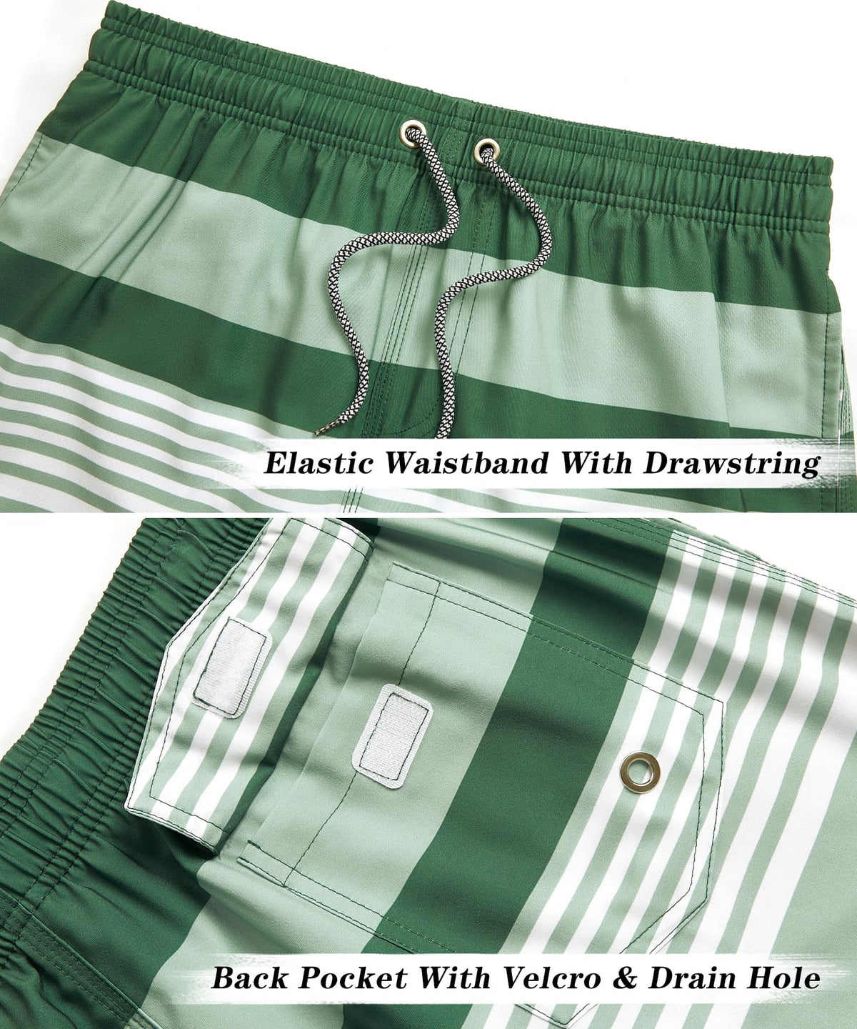 ELETOP Men's Swim Trunks Quick Dry Bathing Suit Swimming Board Shorts Mesh Lining Beach Swimwear Stripe Green White M