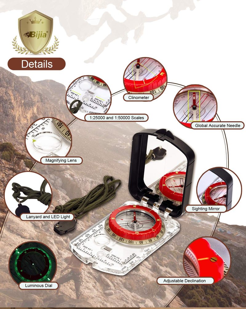 BIJIA Orienteering Map Compass -Sighting Mirror Compass with Adjustable Declination,Clinometer and LED Light for Hiking,Camping,Orienteering,Hunting,Global Mountaineering, Navigating and SAR Training