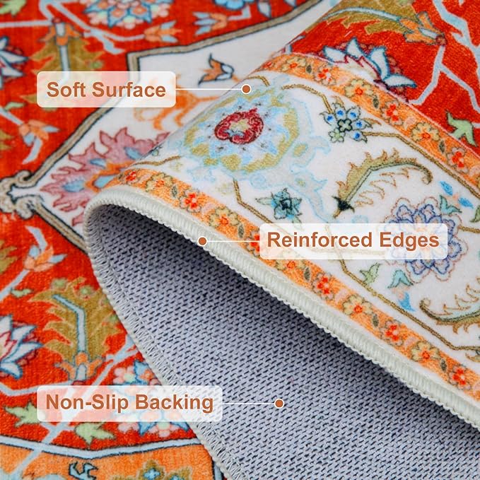 WILLSUN Washable Area Rugs, 3x5 Non-Slip Boho Large Area Rugs for Living Room, Bedroom, Machine Washable Vintage Rug, Indoor Floral Print Carpet for Home Decor, Kid & Pet Friendly Mat