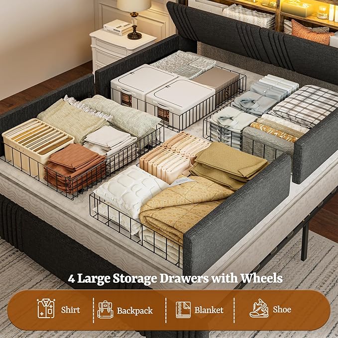 IKIFLY Queen Bed Frame with Hidden Storage Headboard & 4 Drawers, 49.2” Tall Upholstered Wingback Headboard with LED Lights and Charging Station, No Box Spring Needed, Solid Wood Slats, Black
