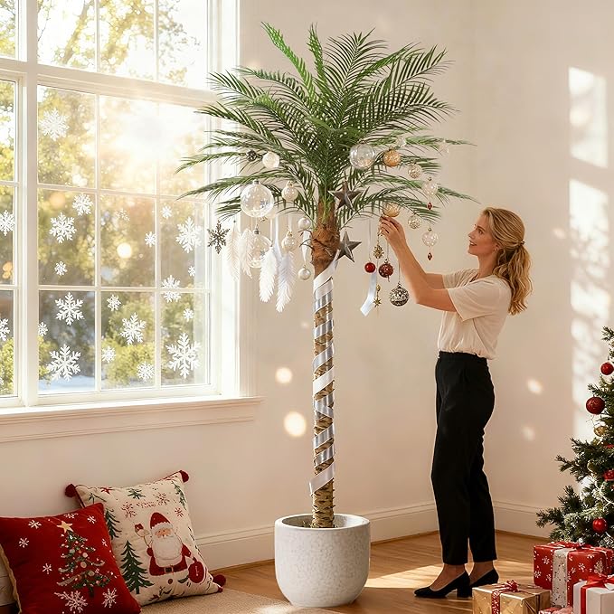 Artificial Phoenix Palm Tree 8ft Tall – Fake Large Tropical Tree with 18 Adjustable Leaves, Outdoor Indoor Faux Sago Palm Plant for Living Room Patio Poolside Yard Decor (1, 8ft)