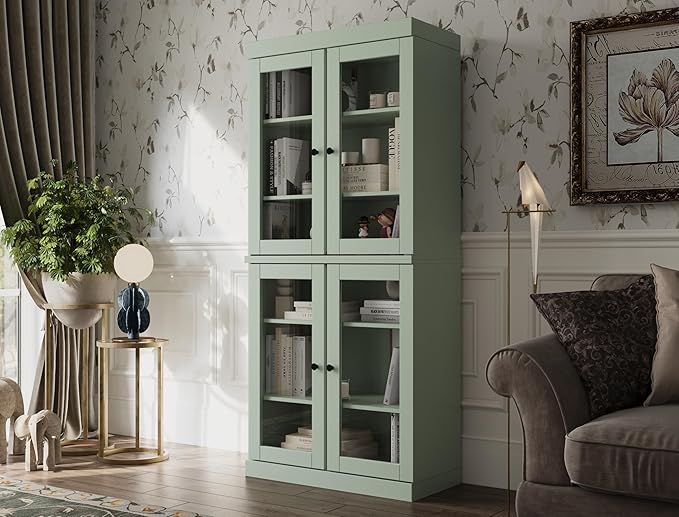 Palace Imports Solid Wood Bookcase - 6-Tier Bookshelf, 71.5” H x 32” W - Sage, Clear Glass Cabinet Doors & Adjustable Shelves, Tall Bookcase, 100% Renewable Eco-Friendly Wood, Made in Brazil