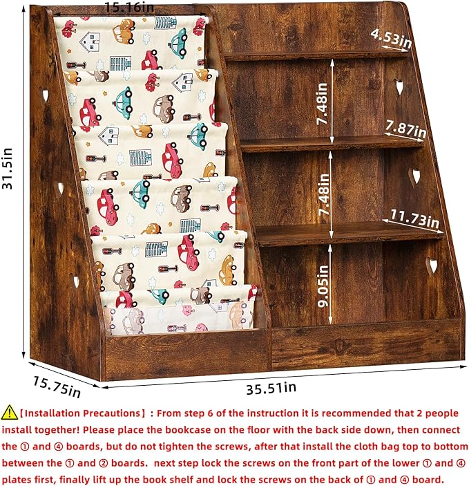 Lerliuo 4 Tier Kids Bookshelf and Storage Organizer, Five Layer Sling Children Bookcase, Baby Toddler Wooden Book Shelf, Display Cabinet for Playroom, Bedroom, Classroom, Nursery, School (Brown)