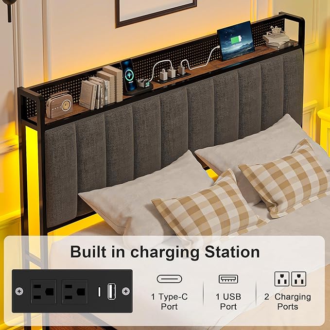 VECELO Queen Size Upholstered Metal Bed Frame with Storage Drawers, LED Headboard, USB & Type-C Ports, Linen Fabric Platform Bed with 9 Legs Support, Noise-Free Design, No Box Spring Needed, Grey
