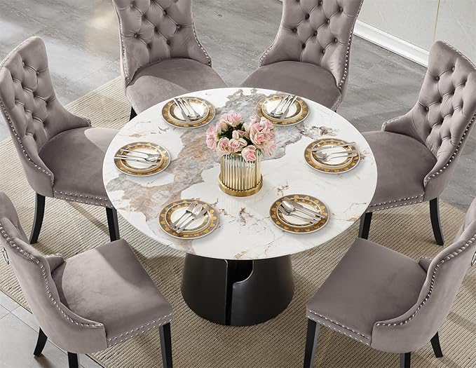 7-Piece Faux Marble Round Dining Table Set for 6, Modern Luxury Kitchen Table Set for 6 with Grey Tufted Chairs,Circle Dining Tables with Pandora Grain Top and Black Pedestal Base