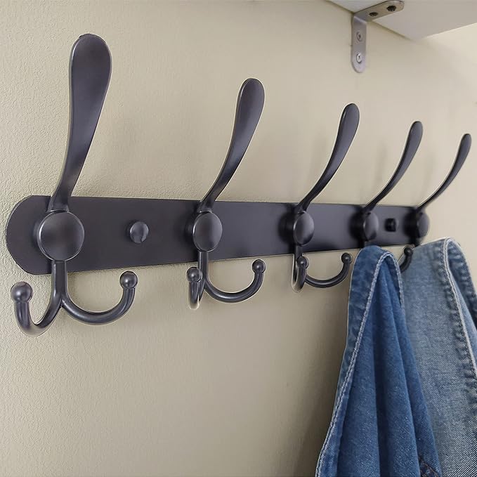 Dseap Coat Rack Wall Mounted - 5 Tri Hooks, Heavy Duty, Stainless Steel, Metal Coat Hook Rail for Coat Hat Towel Purse Robes Mudroom Bathroom Entryway,Black