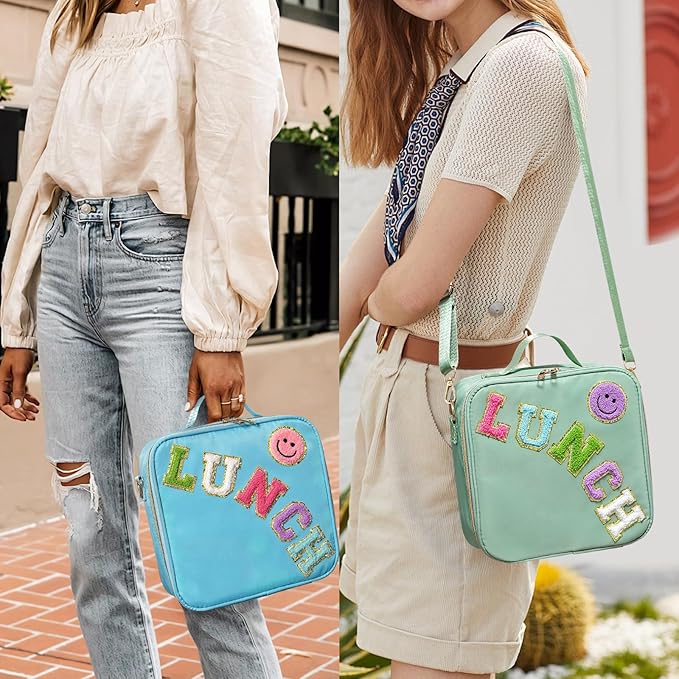 Insulated Lunch Bag Women Lunch Box Kids for Teen Girls Boys, Cute Preppy Lunch Boxes With Adjustable Shoulder Strap, Waterproof Nylon Lunchbox Lunch Bags for School Work Picnic (Green)