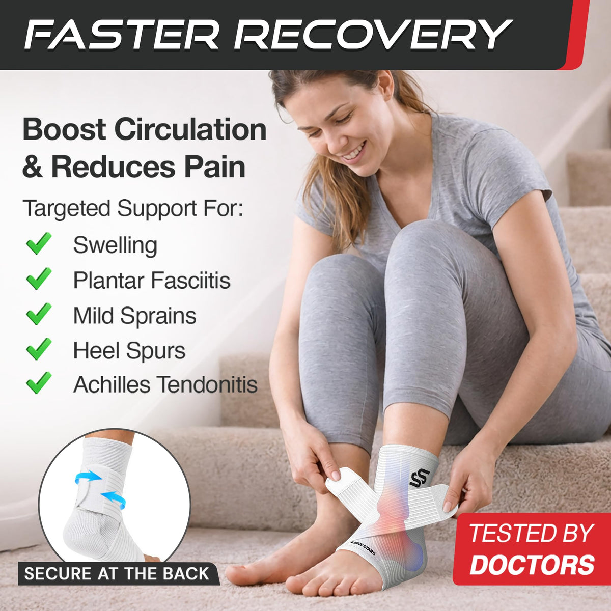 Sleeve Stars Ankle Brace for Women & Men, Ankle Wrap for Sprained Ankle, Compression Sleeve for Plantar Fasciitis Relief, Easy Customizable Support: w/Removable Strap (Single/M:10"-12"/White)