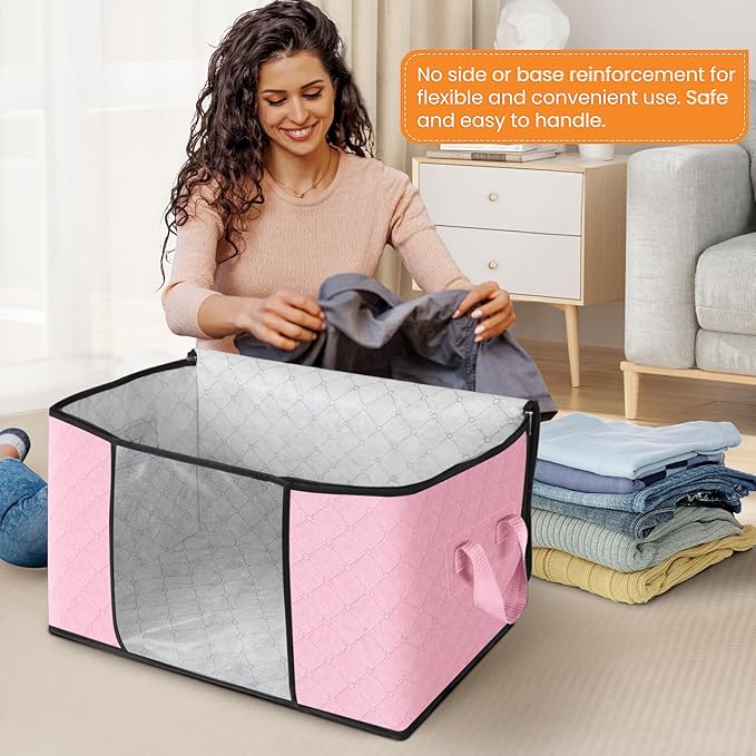 Fab totes 8 Pack Clothes Storage, Foldable Thick Fabric Blanket Storage Bags, Containers for Organizing Bedroom, Closet, Clothing, Comforter, Organization with Handle,Pink