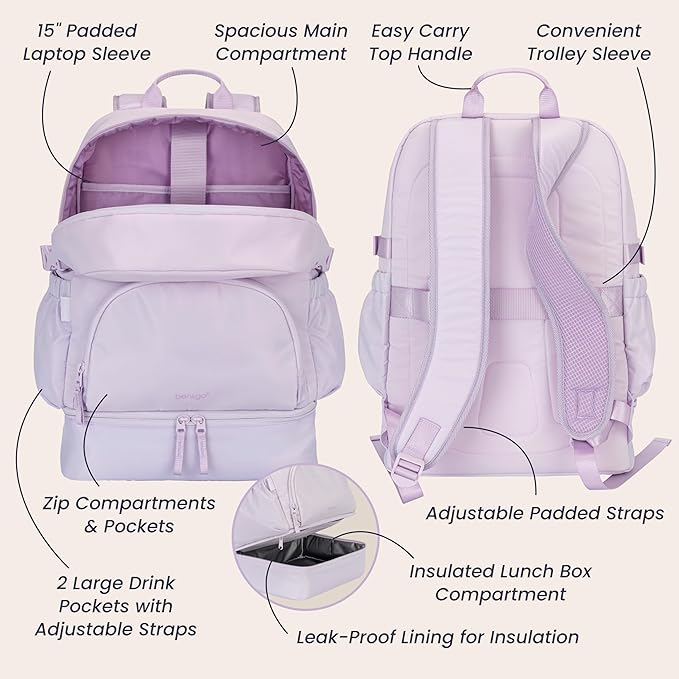 Bentgo 2-in-1 Adult Backpack & Insulated Lunch Bag – Lightweight, Water-Resistant Travel Backpack with 9 Compartments, Laptop Sleeve & Trolley Sleeve for Work & Everyday Use (Lavender)