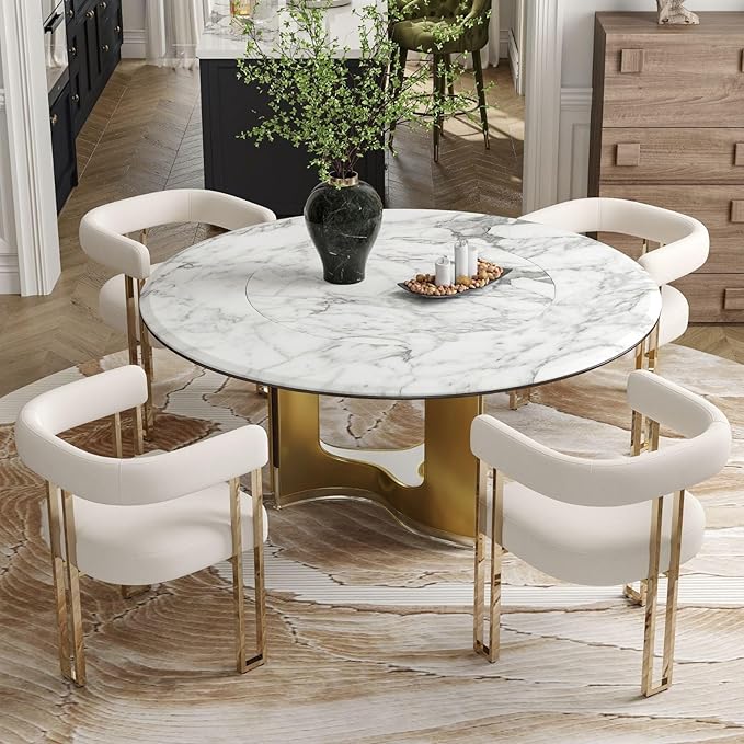 Set of 4 Beige and Gold Modern Dining Chairs, Velvet Upholstered Barrel Armchairs with Metal Legs for Kitchen Island, Mid Century Accent Chairs for Dining Room Living Room, Open-Back