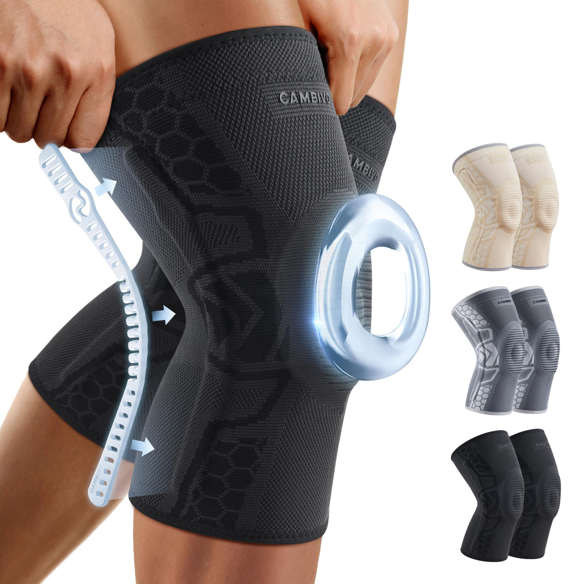 CAMBIVO Knee Brace for Knee Pain, Medical Grade Knee Compression Sleeve with Side Stabilizers & Patella Gel Pad for Meniscus Tear, Arthritis, ACL, Running,Workout, Daily Use(Black, Large)