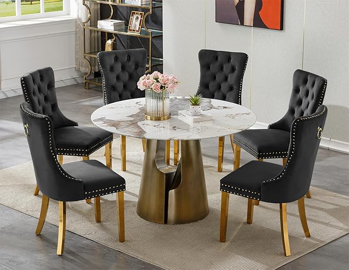 7-Piece Faux Marble Round Dining Table Set for 6, Modern Luxury Kitchen Table Set for 6 with Black Tufted Chairs,Circle Dining Tables with Pandora Grain Top and Bronze Pedestal Base