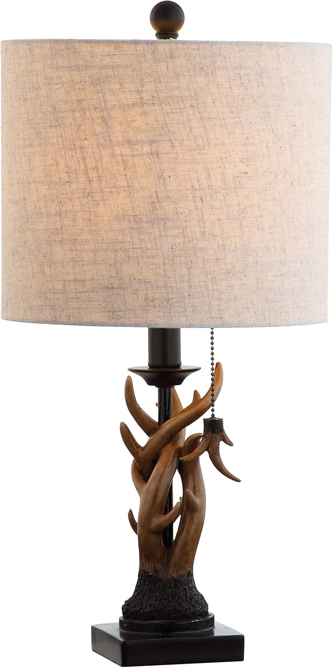 JONATHAN Y 20.5" Brown Rustic Antler Table Lamp for Bedroom Farmhouse Decor, Mini Faux Antler Desk Lamp with Gray Linen Shade, Lodge Cabin Nightstand Lamp, LED Bulb JYL1031A