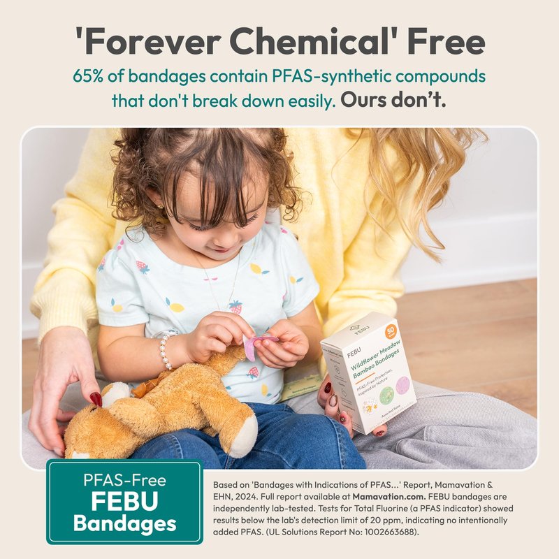 FEBU Wildflower Print Bamboo Fabric Bandages | PFAS Free Flexible Fabric Bandages | Natural Hypoallergenic Bandage for Scrapes, Cuts & First Aid | Compostable, Latex Free Bandage | 50 Count Strip