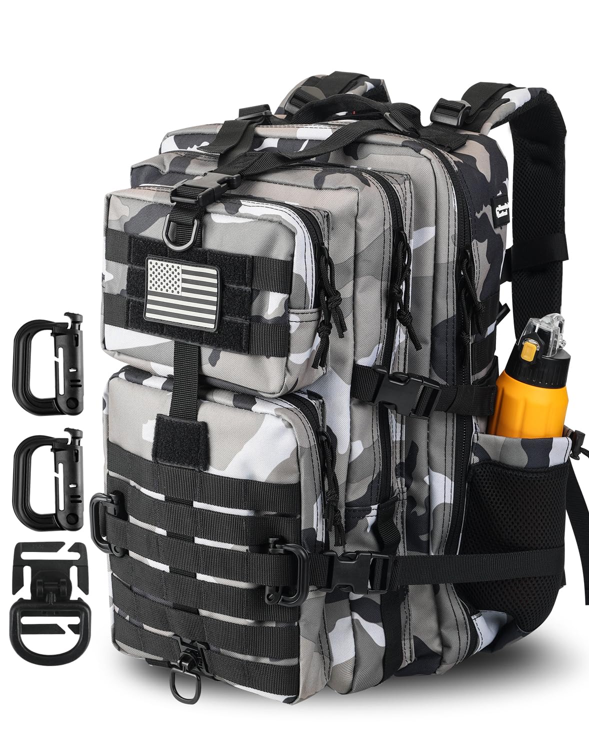 Hannibal Tactical 45L MOLLE Assault Pack, Tactical Backpack Military Army Camping Rucksack with Bottle Holder, 3-Day Pack Trip w/USA Flag Patch, D-Rings, Urban