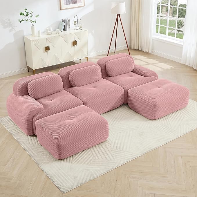 116" Modern Corduroy Cloud Sofa with Ottoman, U Shaped Boneless Modular Large Sectional Couches for Living Room, Pink 3 Seater Compressed Memory Foam Couch, Extra Deep Seat, No Assembly