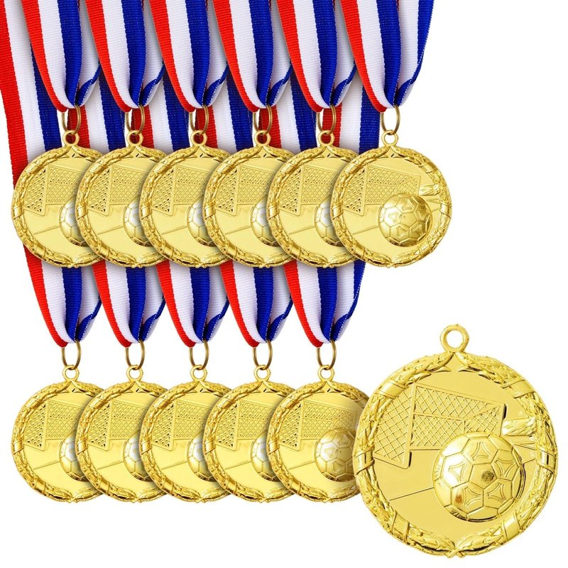 Juvale Soccer Medals - 12-Pack, 2-Inch Gold Zinc Alloy with 15.5-Inch Red, White & Blue Ribbons - Soccer Party Favors, Trophy Award - 1st Place Medals