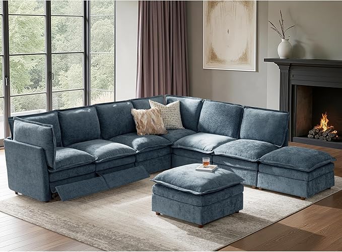 HULALA HOME 128'' Power Recliner Sofa with Storage Ottoman, Oversized Modular Sectional Sofa L Shaped Couch with Double-Layered Cushions, 8 Seater Cloud Couch for Living Room, Blue