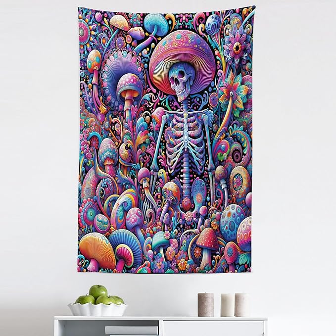 Ambesonne Trippy Tapestry, Rave Tone Psychedelic Skeleton Mushroom Huddles Psychedelic Jungle, Fabric Wall Hanging Decor for Bedroom Living Room Dorm, 30" X 45", Magenta Indigo Multicolor