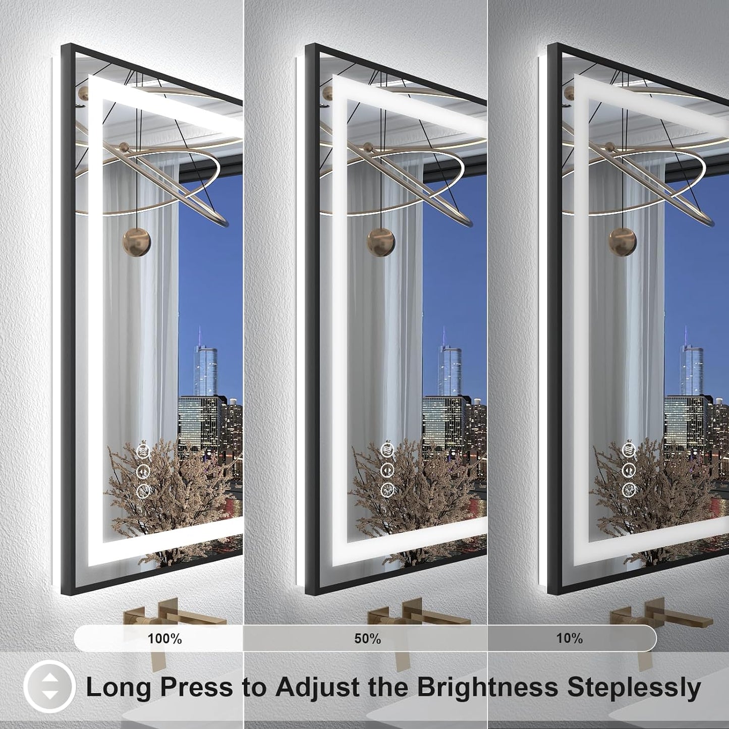 OKPAL 68x36 Black LED Bathroom Mirror with Lights, Frontlit & Backlit LED Mirror for Bathroom, Lighted Bathroom Vanity Mirror, Anti-Fog, Dimmable 3 Colors, Shatterproof, Horizontal/Vertical