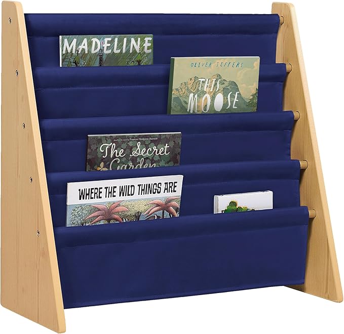 Wildkin Wooden Sling Bookshelf for Kids – Premium Canvas Design with 4 Fabric Shelves, Organizer for Home or Classroom - Natural w/Dark Blue