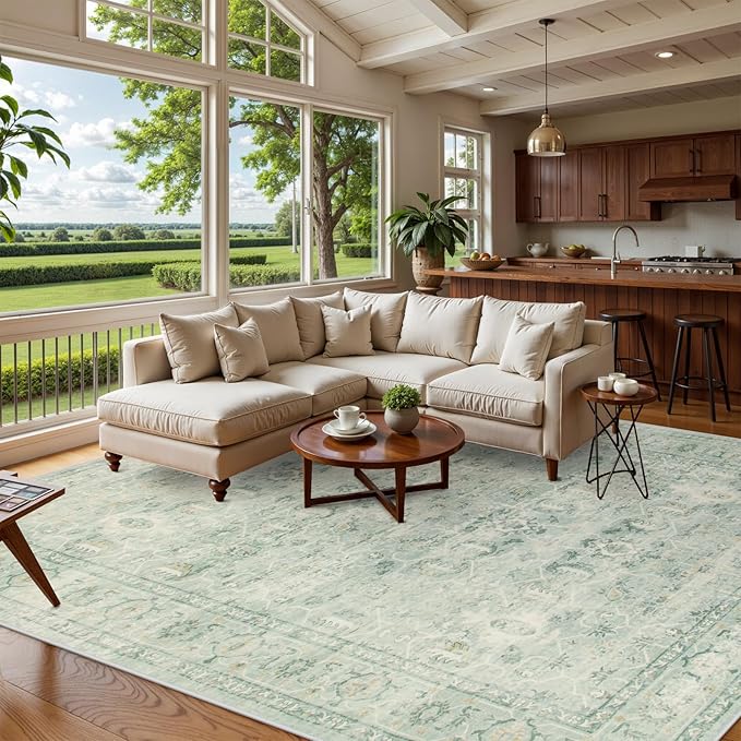 Lahome Vintage 8x10 Washable Green Rugs for Living Room Bedroom, Boho Dining Room Rugs for Under Table, Soft Non Slip Indoor Throw Carpet for Home Office Playroom (8x10ft,Light Green)