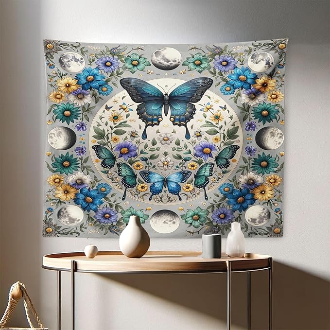 Ambesonne Boho Tapestry, Wreath of Colorful Flowers with Moon and Butterfly Pattern Witchy Scenery, Fabric Wall Hanging Decor for Bedroom Living Room Dorm, 28" X 23", Sea Blue Pale Grey Teal