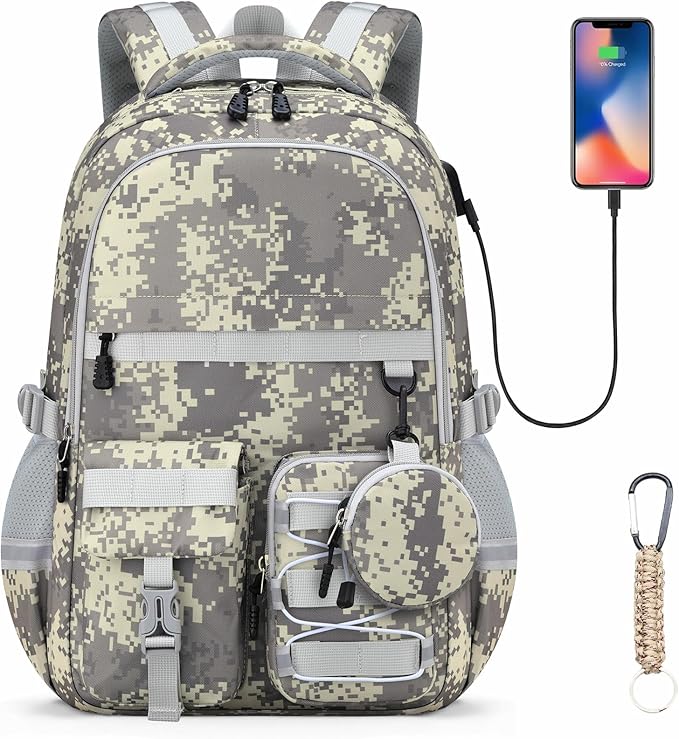 School Backpack for Boys - Camo Boys Backpack for Kids Teens Elementary, Middle & High School Bookbag Daypack with Camouflag Design,18″ Large Capacity with Usb Charging Port & Key-chain
