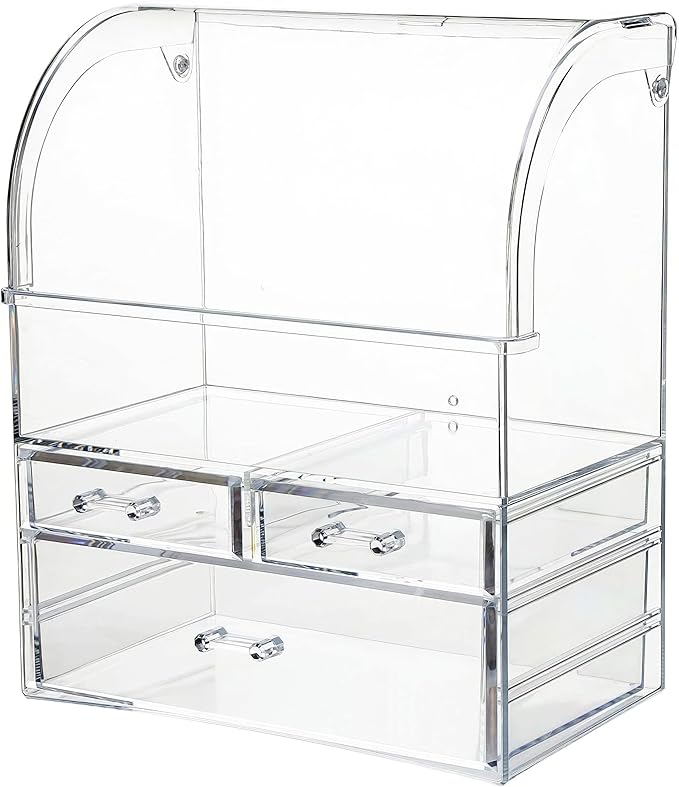 Large Acrylic Makeup Organizer With Lid Portable Dustproof And Waterproof Cosmetic Storage Drawers Box For Women (Clear, 12.5in x 9.5in x 6.3in)
