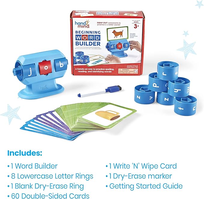 hand2mind Beginning Word Builder, CVC Word Games, Spelling Toys for Kids 3-5, Learning How to Read, Sight Words Flash Cards, Kindergarten Learning Activities, Science of Reading Manipulatives