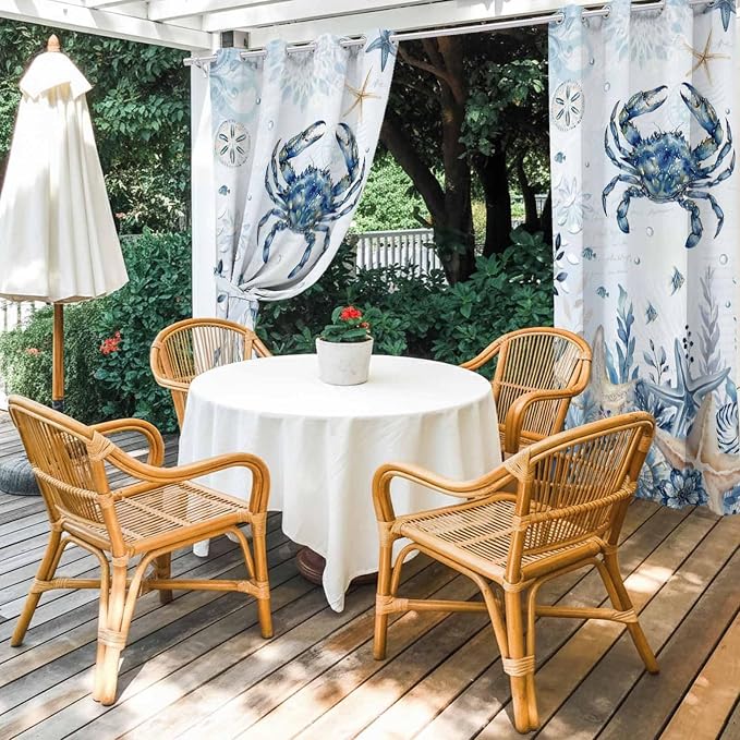 Oceans Outdoor Curtains for Patio Crabs Marine Life Shell Starfish Blue