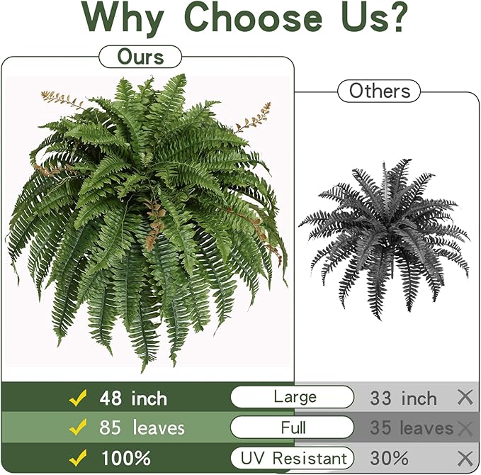 Artificial Boston Fern Silky Bush, 48IN Faux Fern Large Hanging Lifelike Plant for Indoors Outdoors Home Decor, Suitable for Porch Entrance Garden Home, 85Branches (2 Pcs)