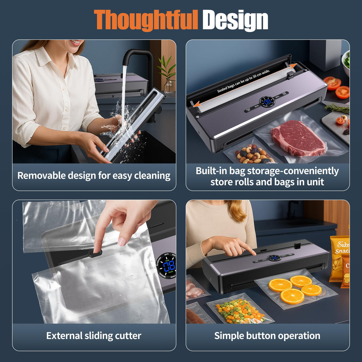 Sealer Machine for Food Storage, 85KPA Strong Suction, Dry/Moist Mode, Automatic Seal in 10-20 Seconds with 10 Vacuum Bags & 1 Roll, Built-in Cutter, Bag Storage & Vacuum Hose, for Home Kitchen Use