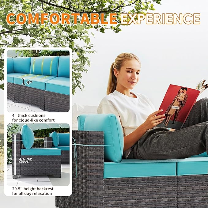 Gotland 7 Pieces Patio Furniture Set with 4’’ Thick Cushions, All-Weather PE Rattan Patio Set with 29.5'' High Backrest, Outdoor Furniture with Coffee Table for Porch Deck Garden Green Blue