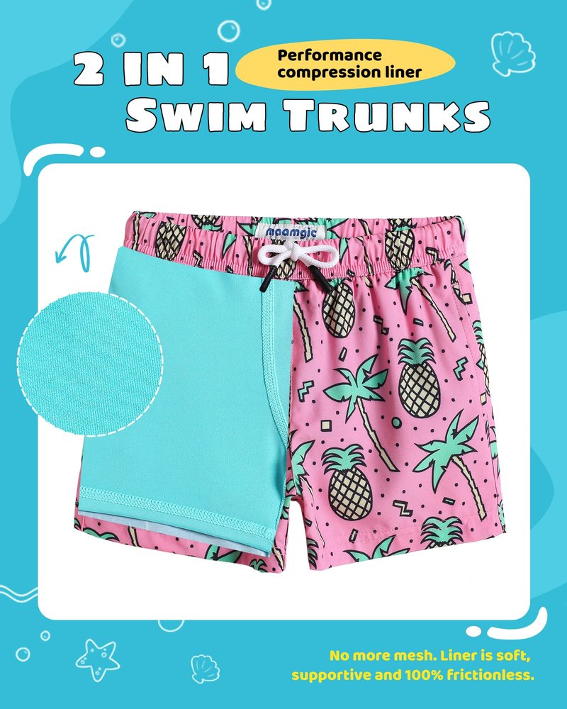 maamgic Boys Swim Trunks with Compression Liner Toddler Stretch Swim Shorts Quick Dry Swimming Trunks Boxer Brief 2 in 1 Beach Shorts Rose Coconut 5/6