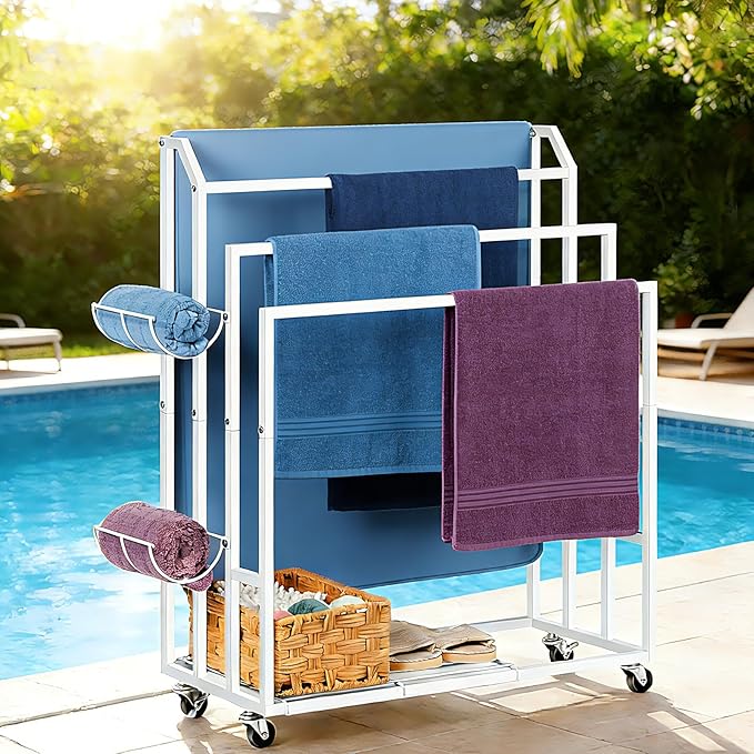 Freestanding Towel Rack for Bathroom Rolling Towel Storage Cart On Wheels Blanket Ladder with Shelf & 6 Hooks, Outddoor Poolside Towel Holder Stand, White