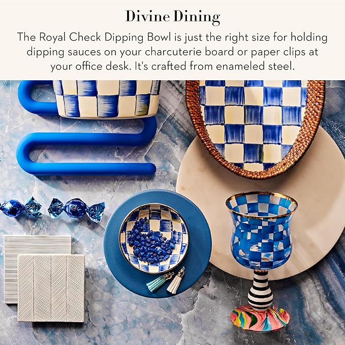 MACKENZIE-CHILDS Enamel Dipping Bowl, Small Serving Bowl for Entertaining, Blue-and-White Royal Check