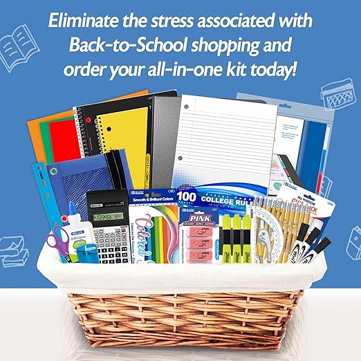 BAZIC PRODUCTS Middle & High School Kit Supply Box, 65-Count Student Set for Grades 7–12, Complete School Supply Kit with Middle School Supplies, Organized Supply Box for Highschool, 1-Pack